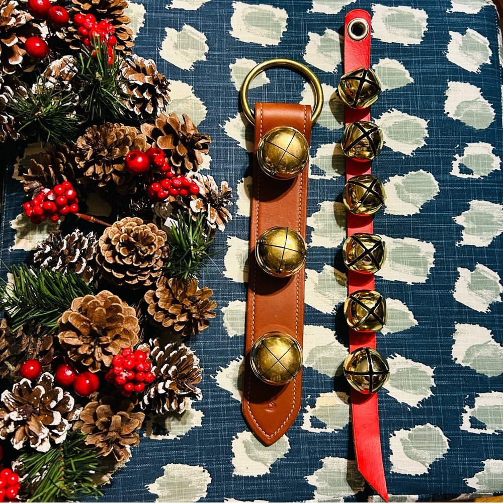 Belsnickle‎ Brass Bell Pair on Leather Straps — 17" & 14" Like New Holiday Decor